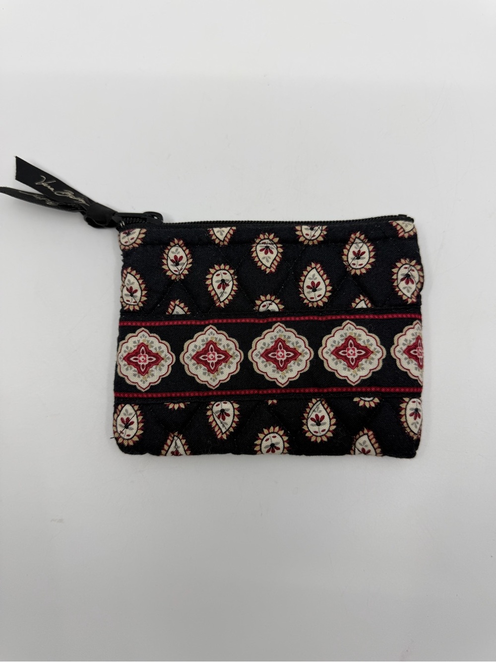 Vera Bradley Black Quilted Coin Pouch with Red and Cream Motifs